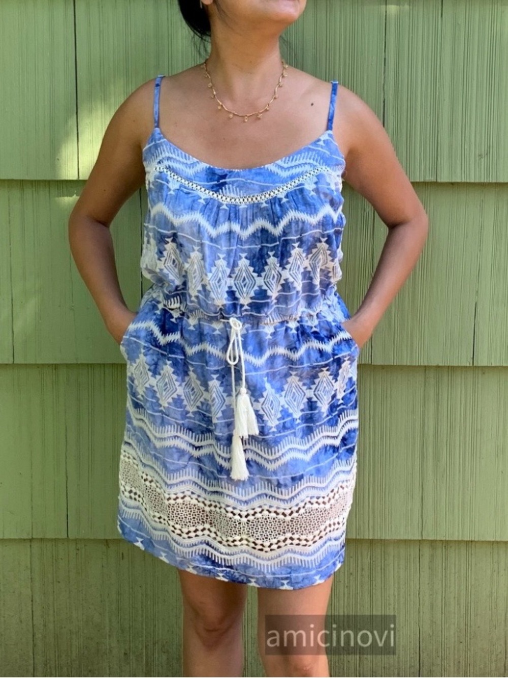 Blue and white tie dye crochet lace sundress short dress